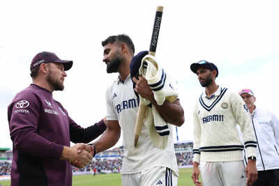 Akash Deep and Brendon McCullum shake hands after India's victory at Edgbaston.