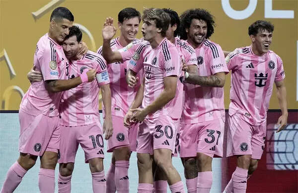 Lionel Messi and Luis Suarez celebrate a goal for Inter Miami