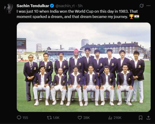 Sachin Tendulkar's inspiring reflection on the 1983 World Cup victory.